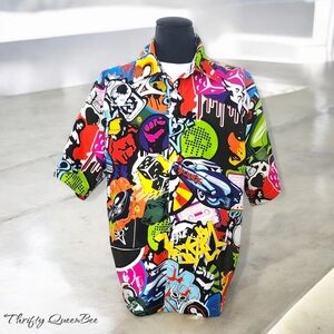 Bluez Short Sleeve Graffiti Hip Hop Skater Button Up Mens Size 2XL Shirt